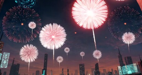 Colorful fireworks illuminate a city skyline at night - Powered by Adobe