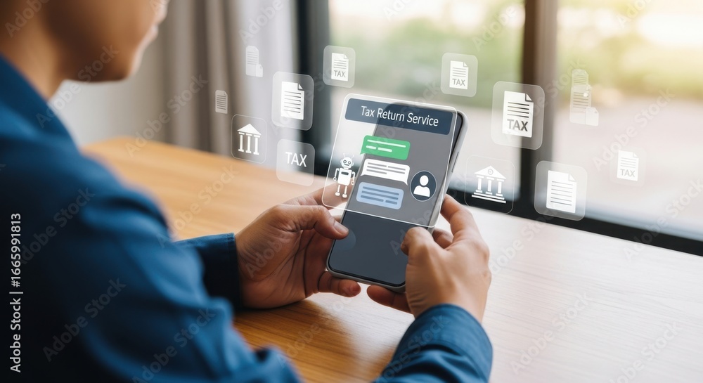 Poster person using smartphone for online chat service with document icons and virtual interface