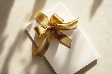 Gift card presented in luxury style with a metallic gold ribbon bow for premium retail