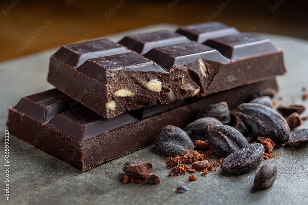 Poster dark chocolate bar with chocolate chips and cocoa nibs on a rustic surface