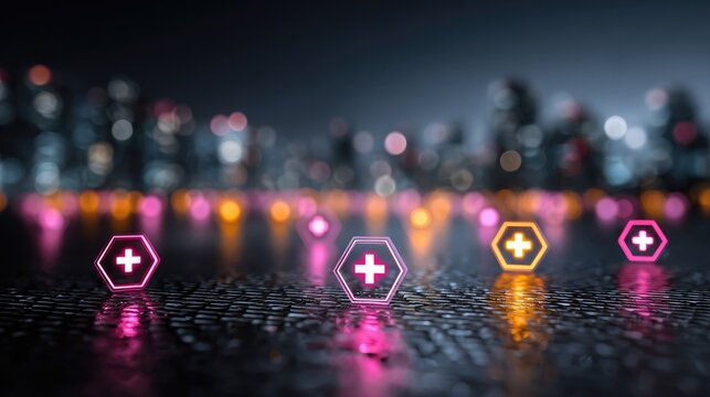Glowing medical symbols on dark city background