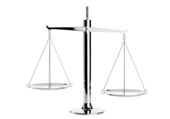 Sleek chrome balance scale with clear acrylic pans on a transparent background, high-key lighting, emphasizing reflections, concept of absolute equilibrium and precision.