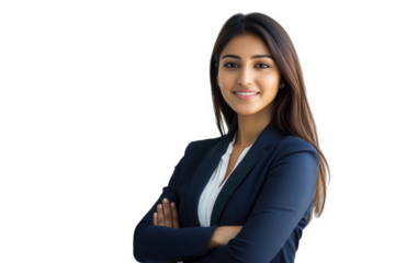 Smiling indian professional woman with arms crossed, isolated on transparent background