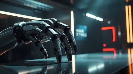 Fototapeta premium Robot Hand in a Futuristic Lab: A Study in Artificial Intelligence and Advanced Robotics with Neon Lighting and Reflective Surfaces.