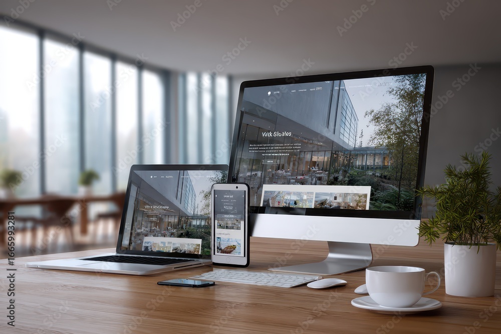 Poster modern responsive flat website design displayed on multiple devices in a cozy workspace with natural