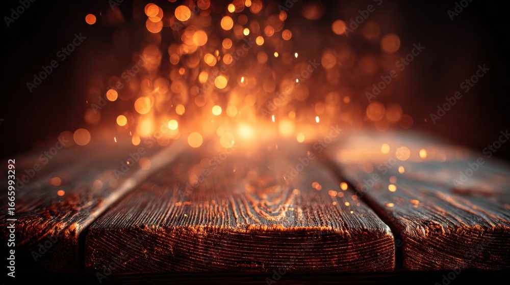 Poster warm bokeh lights illuminate a rustic wooden table, creating a cozy and inviting atmosphere.