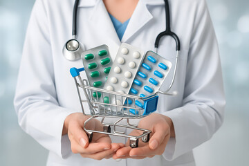 Doctor with shopping cart full of medicine blister packs