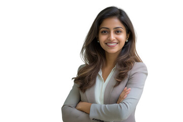 Confident indian woman in business attire with arms crossed, isolated on transparent background