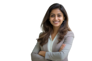 Confident indian woman in business attire with arms crossed, isolated on transparent background
