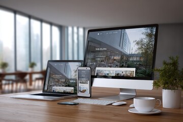 Modern responsive flat website design displayed on multiple devices in a cozy workspace with natural light during the day
