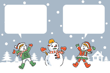 雪だるまを作って喜ぶ子どもたちのポストカード