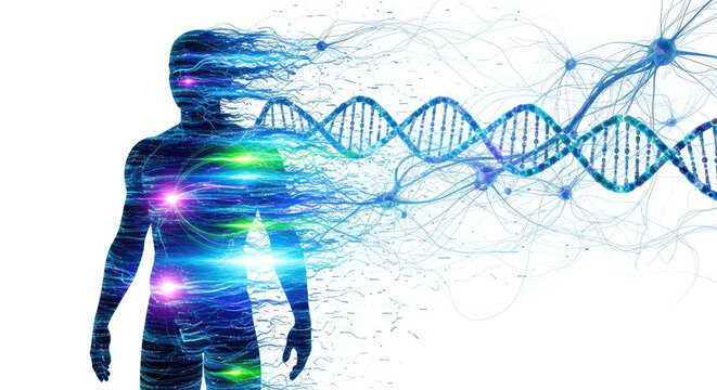 Human silhouette with dna strands and neural network connections on a white background
