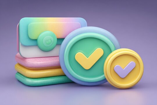 Pastel-colored 3D render of stacked squares and checkmark coins