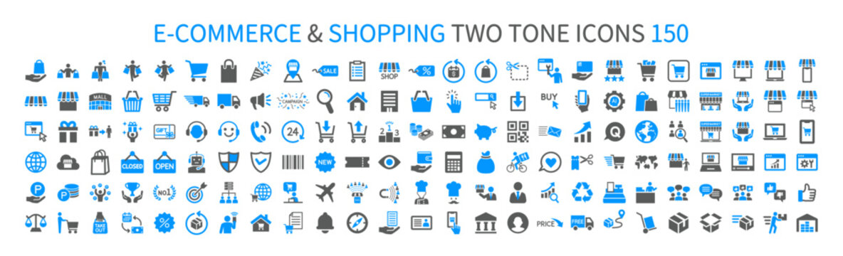 Icon sets related to e-commerce and shopping, consumer pictograms, and B2C business icon sets.Simple two-tone icons