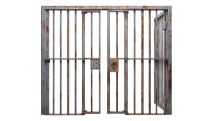 Rusty jail bars and doors, one door is open, isolated on transparent background