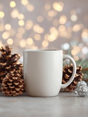 Cozy White Mug Surrounded by Pinecones and Holiday Lights in a Warm Indoor Setting