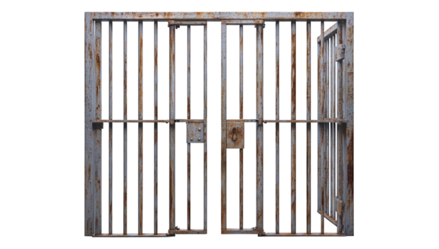 Rusty jail bars and doors, one door is open, isolated on transparent background
