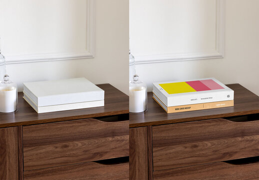 Mockup Of Two Customizable Books On Sideboard