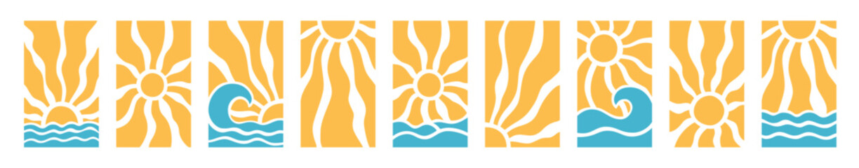 Abstract sun rays and wave sea beach psychedelic background. Wavy rays in boho groovy style. Summer sun burst poster. Nature texture. 70s, 80s design. Vector illustration isolated on white background.