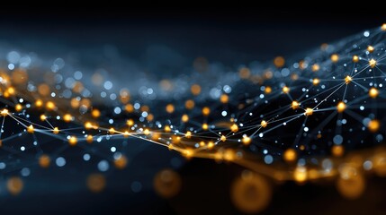 Abstract digital network; glowing nodes and lines form a wavy pattern on dark background