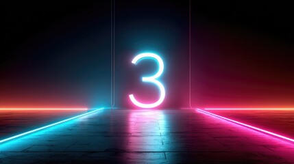Glowing neon number three in dark room