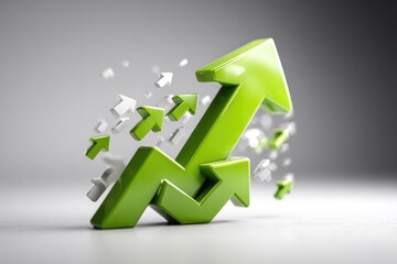 A vibrant green arrow ascends, smaller white arrows fragmenting around it, suggesting growth or progress