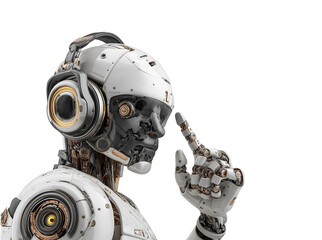 Photograph of an AI robot woman against a white background, in profile view. She has robotic parts on her face and neck, a transparent glass-like skin that reveals the internal mechanical components, 