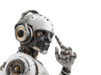 Photograph of an AI robot woman against a white background, in profile view. She has robotic parts on her face and neck, a transparent glass-like skin that reveals the internal mechanical components, 