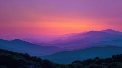 Naklejka premium Vibrant sunset hues paint layers of distant mountains