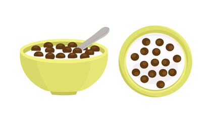 Chocolate ball crunchy. A bowl of crispy chocolate snack with milk.