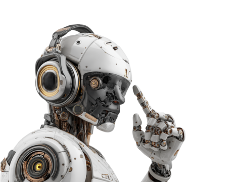 Photograph of an AI robot woman against a white background, in profile view. She has robotic parts on her face and neck, a transparent glass-like skin that reveals the internal mechanical components, 