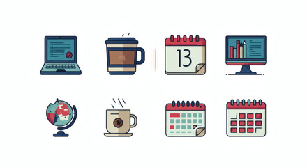 Collection of flat design icons depicting essential digital and analog tools for modern productivity, planning, and global connectivity in business and education.