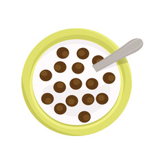 Chocolate ball cereal. Bowl of milk and cereal.