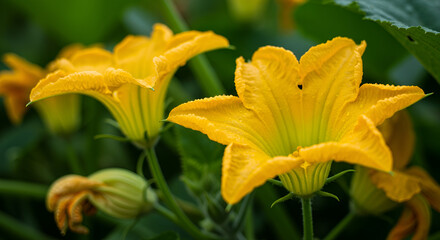 Obraz premium Close-up of squash flowers in field 