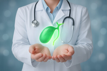 Doctor showcases glowing green gallbladder with stethoscope