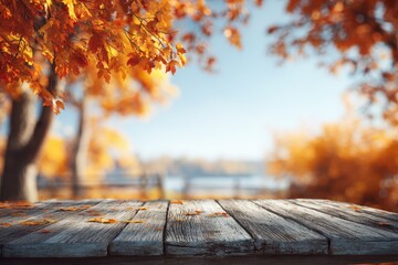 Sunlit autumn landscape featuring a rustic wooden table surrounded by vibrant fall foliage and a serene lake in the background