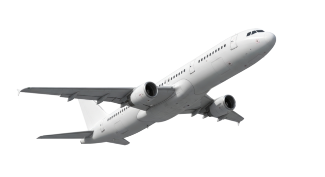 Commercial Passenger Airplane Taking Off from a Ground Level View cutout isolated on transparent bg, png