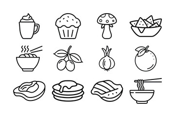 Assortment of food and beverage icons in line art style