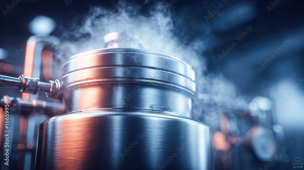 Poster a close-up view captures steam escaping from a shiny industrial container, creating a dynamic scene.