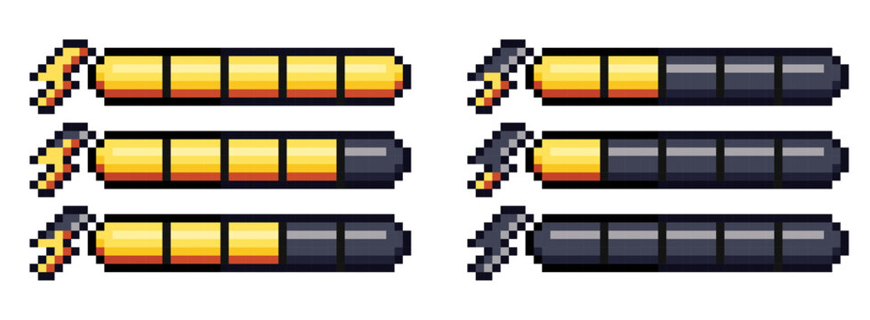 Pixel art style retro game energy bar with lightning isolated on transparent background. Collection of 8-bit progress bar for video game assets. Vector illustration.