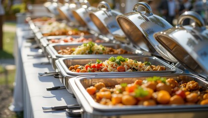 Elegant buffet display with diverse gourmet dishes for a wedding or corporate event