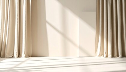 Obraz premium Minimalist Interior with Sunlight Streaming through Beige Curtains onto Blank Canvas