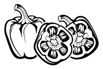 Dark Silhouette of Whole and Sliced Bell Pepper Vegetable on White Background