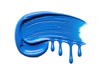 A bold, dynamic cerulean blue acrylic paint stroke, thick impasto texture, visible brushwork, wet drips, macro on transparent, conveying fluidity and artistic creation