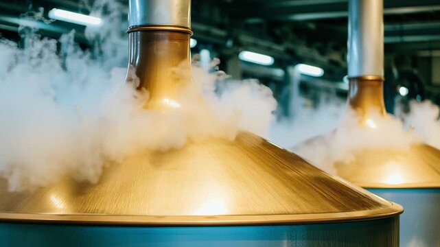 Brewery copper tanks with steam industrial ambient lighting