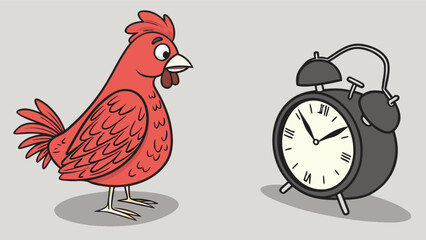 Red rooster and alarm clock illustration for farm animals and time management learning resources for kids