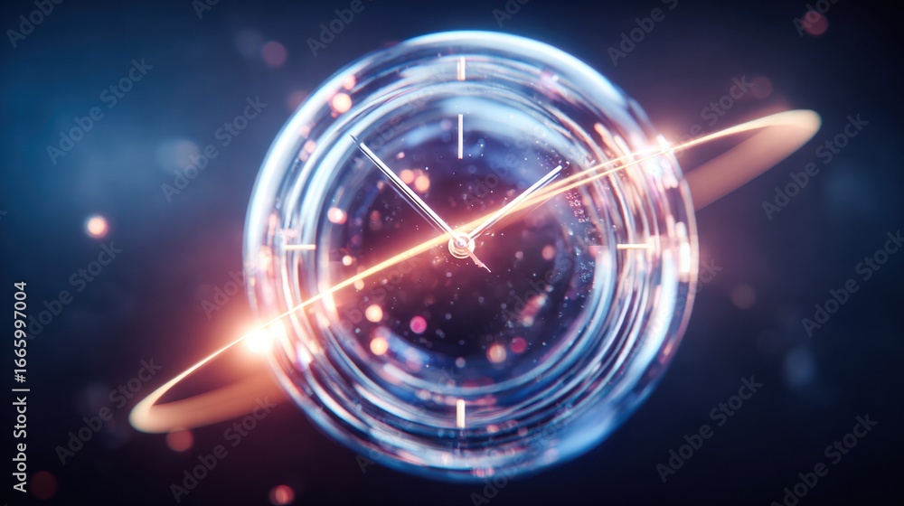 Poster a stunning conceptual image of time represented by a futuristic clock within a planet-like design.