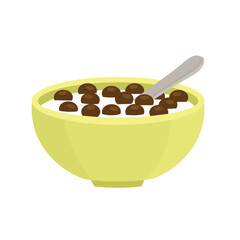 Chocoball cereal. Crunchy snack with milk. Bowl of milk and chocolate ball.