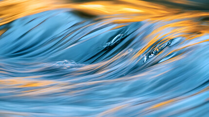 Abstract illustration of flowing water with blue and gold hues from sunlight. Abstract background illustration.