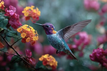 Fototapeta premium Vibrant hummingbird hovering near colorful flowers in a lush garden during bright daylight